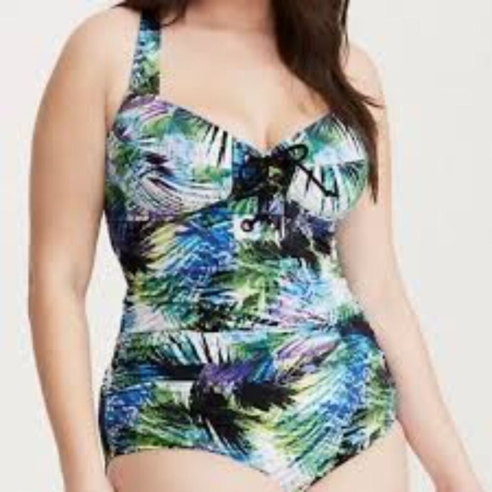 Torrid Tropical Print Tie Front One Piece Swimsuit Multi-Color Fern Size 2X
